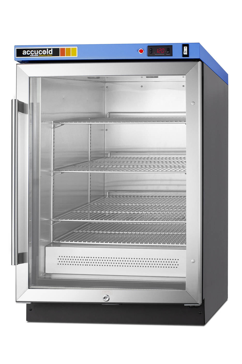Single chamber passive heating blanket warmer with glass door, stainless steel interior and exterior, digital thermostat, and lock